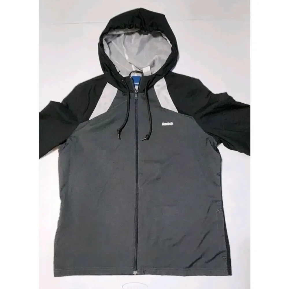 Reebok Jacket Mens Medium Black Hooded Full Zip Jumper Windbreaker Sport